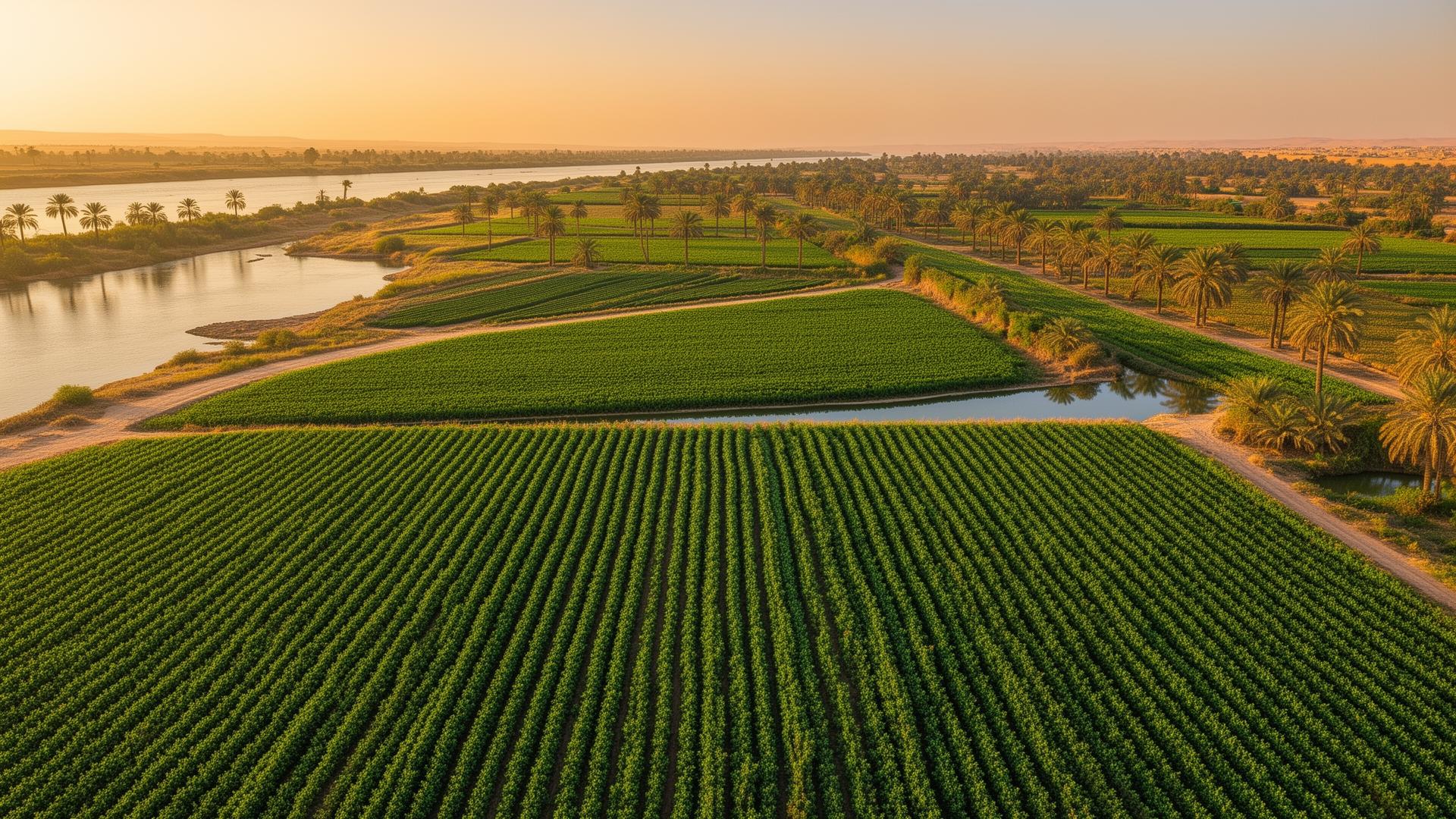 Egyptian agricultural fields at golden hour