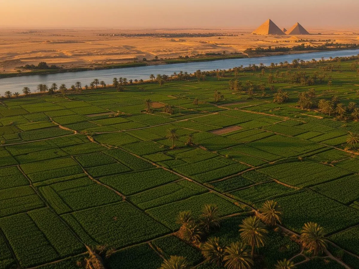 Aerial view of fertile Nile Valley farmland in Egypt with the pyramids in the distance